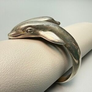 Vintage 925 Chunky Sterling Silver Double Dolphin Bypass Cuff Bracelet 6" Signed
